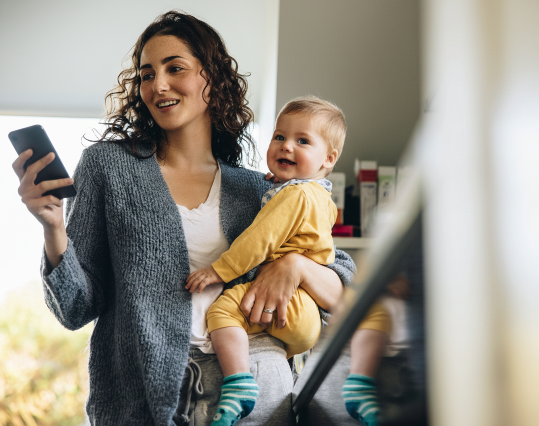 Mère avec son bébé utilisant la téléconsultation Qare